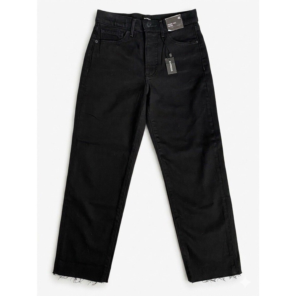 NWT Express Jeans 4 R Womens Black Straight Ankle High Rise Fray Hem Stretch